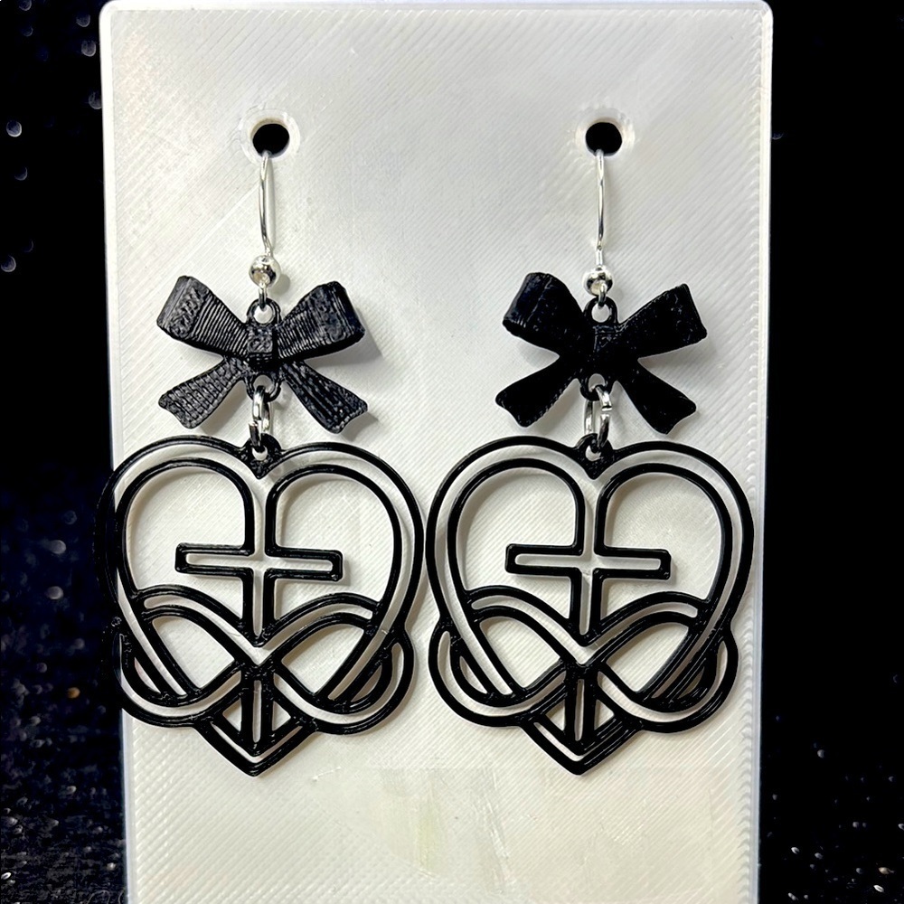 Black Bow Heart Earrings